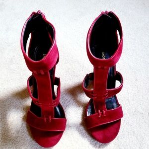 Shoe Republic LA red suede ankle strap high heels
